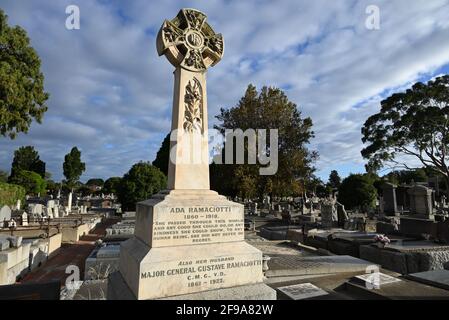 The grave of Ada Ramaciotti (1860-1918) and her husband Major General Gustave Ramaciotti (1861-1927) at Brighton General Cemetery. Stock Photo