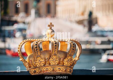 Stockholm, Sweden. Skeppsholmsbron - Skeppsholm Bridge With Its Famous Golden Crown. Popular Place Landmark Destination. Scandinavia Travel Stock Photo