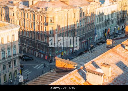 SAINT PETERSBURG, RUSSIA - May 16, 2018: Horizontal shot over the roofs of Saint Petersburg during sunset, Russia Stock Photo