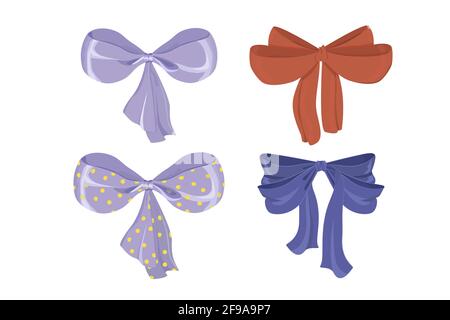 A set of different decorative bows. Bows made of satin ribbons. Decorations for labels, gifts, and invitations. Isolated on a white background. Vector Stock Vector