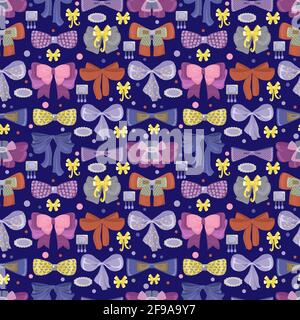 Seamless pattern of various decorative bows and bow ties. Vector illustration for drawing on fabric, wrapping paper and background for greetings and g Stock Vector