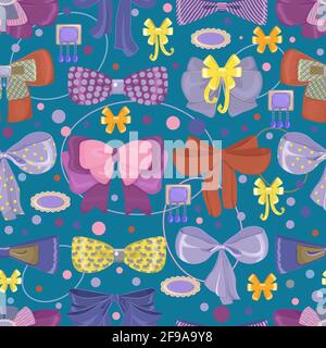 Seamless pattern of various decorative bows, bow ties, brooches and confetti. Vector illustration for fabrics, wrapping paper and backgrounds for gree Stock Vector