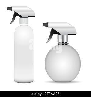 Trigger spray bottle mockup, vector cleaner container. Realistickitchen equipment bottle, bathroom freshener tube illustration, scented cosmetic spray Stock Vector