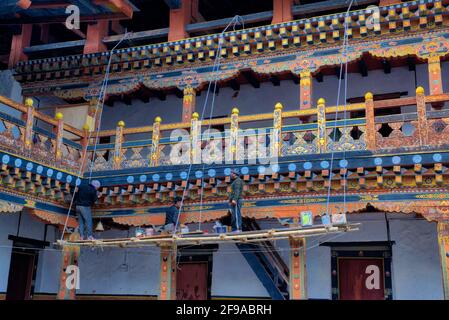 Punakha Dzong, is one of the holiest place in Bhutan with religious paintings on the exterior and interior wall of Fortress  Taken at @Punakha, Bhutan Stock Photo