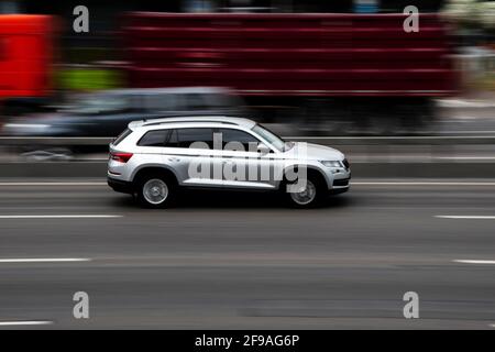 Ukraine, Kyiv - 29 September 2020: Gray car moving on the street Stock Photo