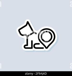 Pet shop location sticker. Pet center, veterinary clinic logo. Dog with pinpoint location. Vector on isolated background. EPS 10. Stock Vector