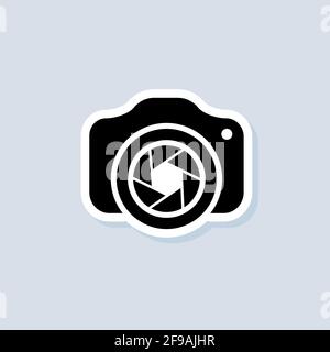 Photo camera sticker. Camera with lens icon. Photography concept. Vector on isolated background. EPS 10. Stock Vector