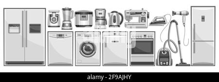 Vector set of Home Appliances, lot collection of cut out illustrations household and kitchen appliance for shop showroom display, many various black a Stock Vector