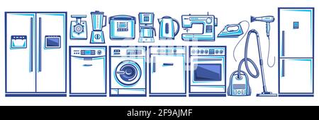 Vector set of Home Appliances, lot collection of cut out outline illustrations household and kitchen appliance for shop sale, white horizontal banner Stock Vector