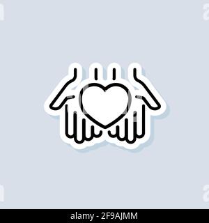Volunteer sticker. Give love icon. Hands holding heart. Relationship. Love concept. Heart symbol. Vector on isolated background. EPS 10. Stock Vector