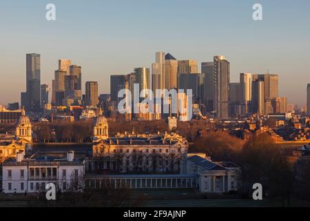 England, London, Greenwich, Winter View of the Docklands Skyline and Canary Wharf from Greenwich Park Stock Photo