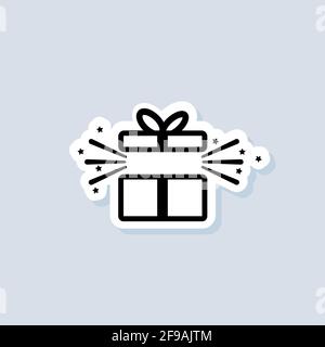 Gift box sticker. Party and celebration concept. Giftbox icon. Surprise and birthday items, gift, present, ribbon. Vector on isolated background. EPS Stock Vector