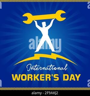 International Worker's Day, with worker man on blue beams. Happy Labor Day banner. Text and yellow lightning, design template for 1 may. Vector illust Stock Vector