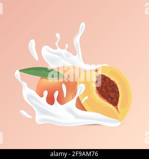 Fresh juicy whole and half sliced peach and splash of white liquid cartoon illustration isolated on peach background. Natural yogurt, cosmetic product based on tropical fruits vector concept. Stock Vector