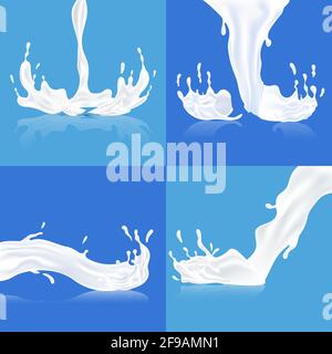 Realistic splashes of milk with drops vector illustration isolated on blue background. Falling white liquid, pouring beverage. Splashes of white cream. Waves of flowing drinks, fluids for cosmetics. Stock Vector