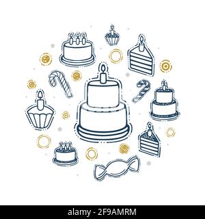 Cake with candles doodle drawing graphics. Birthday background with different hand drawn cakes, candles, sweets, candies and confetti. Stock Vector