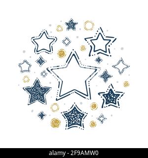 Stars. Hand drawn different stars, circles and dots illustrations. Abstract background with outline drawing stars and planets symbols. Part of set. Stock Vector