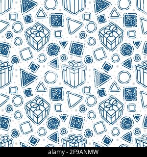 Gift boxes and different geometric shapes seamless pattern. Hand drawn abstract endless background with: different gift boxes, squares, triangles. Stock Vector