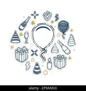 Party abstract signs and symbols. Balloon, champagne bottle and glass, candle, gift boxes, paper hats, confetti, petard and party other attributes. Stock Vector