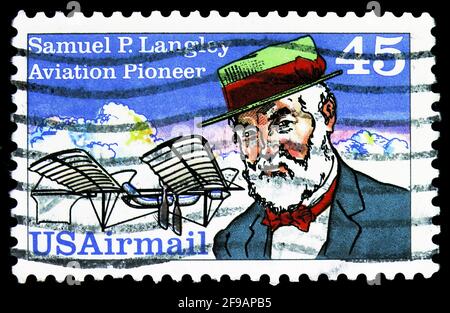 MOSCOW, RUSSIA - SEPTEMBER 22, 2019: Postage stamp printed in United States shows Samuel P. Langley & Unmanned Aerodrome, Aviation Pioneers serie, cir Stock Photo