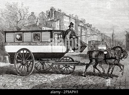 Omnibus or three-wheeled tricycle pulled by two horses. Old 19th century engraved illustration from La Nature 1889