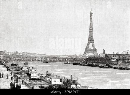 Aspect of the Eiffel Tower seen from Point-du-Jur in Paris, 1889. France. Europe. Old 19th century engraved illustration from La Nature 1889 Stock Photo