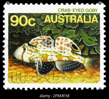 MOSCOW, RUSSIA - SEPTEMBER 22, 2019: Postage stamp printed in Australia shows Crab-eyed Goby (Signigobius biocellatus), Sea Life serie, circa 1985 Stock Photo