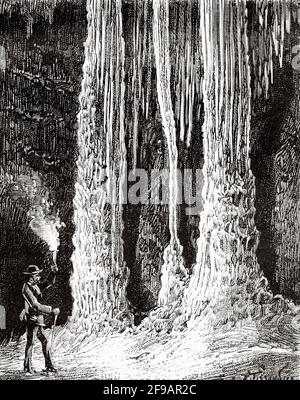 Les Grottes de Réclère. The Caves of Reclere, stalactites and stalagmites 6 meters high beaver and pollux. Canton Jura, Switzerland, Europe. Old 19th century engraved illustration from La Nature 1889 Stock Photo