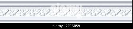 Seamless pattern of white classic mold cornice with classic floral ornament for interior wall design. Repeating gypsum plaster frieze for ceiling deco Stock Photo