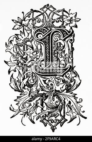 Decorative capital letter L. Old 19th century engraved illustration from Souvenirs de la Reformation en Italie 1883 by John Stoughton (1807-1897) Stock Photo