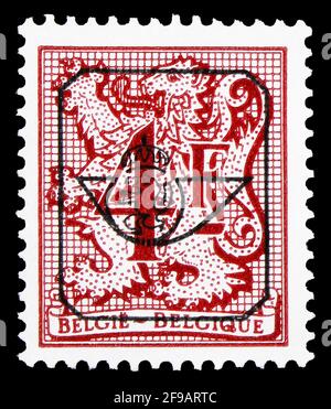 MOSCOW, RUSSIA - SEPTEMBER 22, 2019: Postage stamp printed in Belgium shows Number on Heraldic Lion, serie, circa 1980 Stock Photo