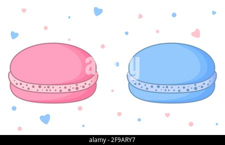 Two cute macarons. Traditional French almond cookies in blue and pink colors. Vector illustration Stock Vector