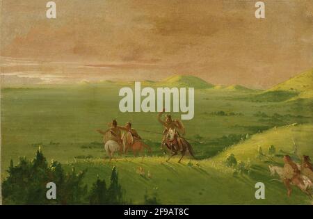 Comanche War Party, Chief Discovering the Enemy and Urging his Men at Sunrise, 1834-1835. Stock Photo