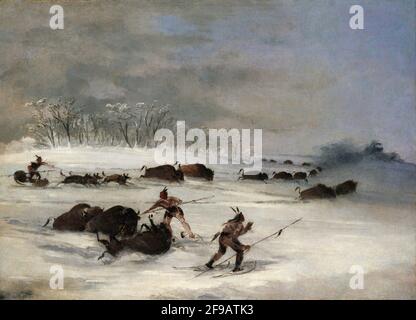 Sioux Indians on Snowshoes Lancing Buffalo, 1846-1848. Stock Photo