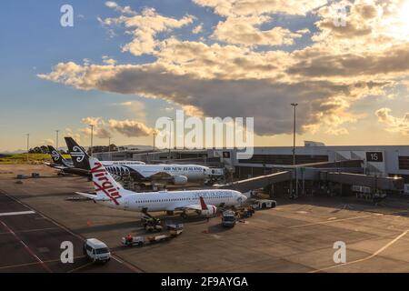 Virgin Australia and Air New Zealand planes on the tarmac at Auckland International Airport, Auckland, New Zealand Stock Photo