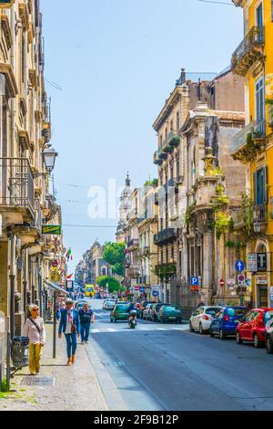 CATANIA, ITALY, APRIL 27, 2017: View of a narrow street in Catania, Sicily, Italy Stock Photo