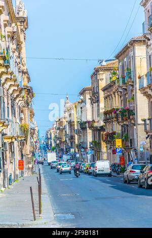 CATANIA, ITALY, APRIL 27, 2017: View of a narrow street in Catania, Sicily, Italy Stock Photo