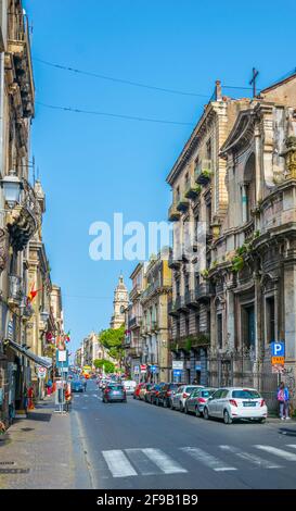 CATANIA, ITALY, APRIL 27, 2017: View of a narrow street in Catania, Sicily, Italy Stock Photo