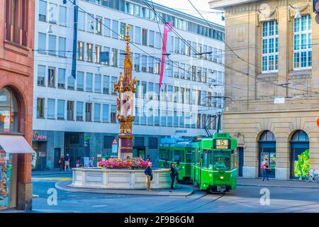 BASEL, SWITZERLAND, JULY 14, 2017: a fountain in the old town of Basel, Switzerland Stock Photo