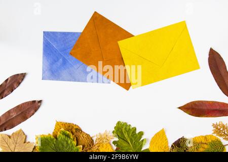 Closeup shot of autumn leaves and envelopes isolated on a white surface with space for text Stock Photo