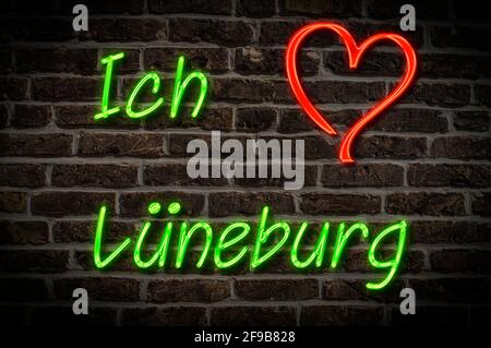 Leuchtreklame, Ich liebe Lüneburg, Niedersachsen, Deutschland, Europa | Illuminated advertising, I love Lüneburg, Lower Saxony, Germany, Europe Stock Photo