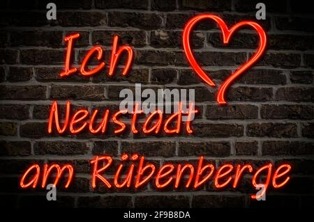 Leuchtreklame, Ich liebe Neustadt am Rübenberge, Niedersachsen, Deutschland, Europa | Illuminated advertising, I love Neustadt am Rübenberge, Lower Sa Stock Photo