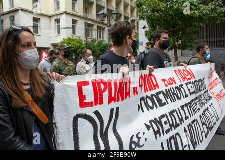 Athens, Greece. 17th Apr, 2021. Protesters hold banners and flags and shout anti-war slogans. Leftist and antifascist organizations staged an anti-war demonstration to protest over Greece's involvement in NATO's military operations. Credit: Nikolas Georgiou/ZUMA Wire/Alamy Live News Stock Photo