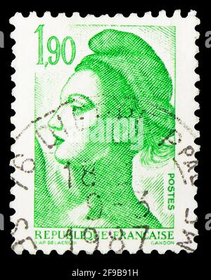 MOSCOW, RUSSIA - SEPTEMBER 24, 2019: Postage stamp printed in France shows Liberty, 1.90 ₣ - French franc, Liberté de Gandon serie, circa 1986 Stock Photo
