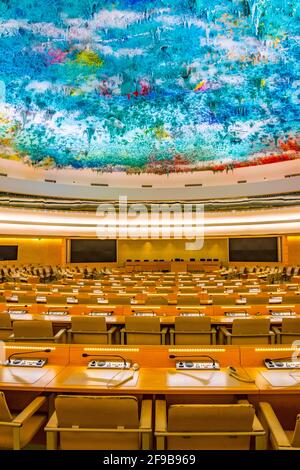 GENEVA, SWITZERLAND, JULY 20, 2017: An assembly hall in the Palace of Nations - UN headquarters in Geneva, Switzerland Stock Photo