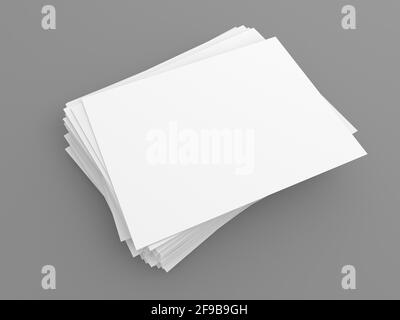 White office A4 sheets on a gray background. 3d render illustration. Stock Photo