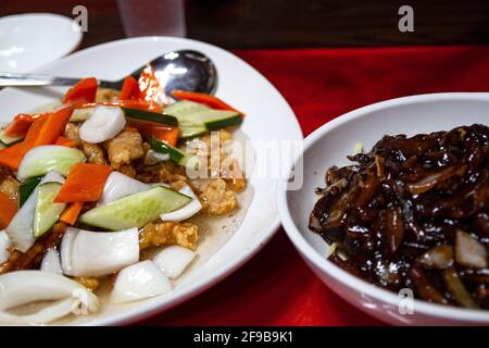 Black Bean Noodles and Sweet and Sour Pork Stock Photo