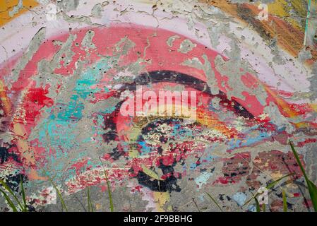 Old wall texture background, peeling cracked paint of different colors seamless pattern and abstract shapes Stock Photo