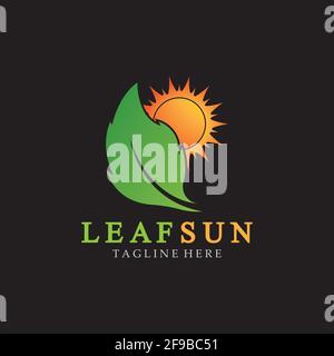 Sun & Green Leaf Logo Icons vector design template. Eco Sun Energy Logo isolated on black background Stock Vector