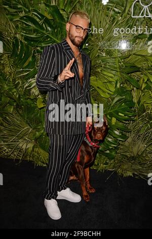 MIAMI BEACH, FL - APRIL 16: Maluma attends the Grand Opening Party Hosted By David Grutman And Pharrell Williams at The Goodtime Hotel on April 16, 2021 in Miami Beach, Florida. CreditL: mpi04/MediaPunch Stock Photo